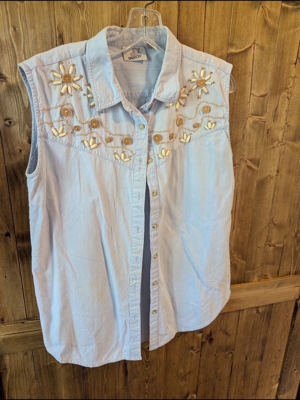 Sasson Jeans Light Blue Sleeveless Embroidered Button-Down Shirt